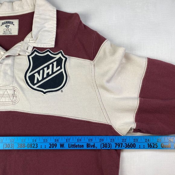 VINTAGE NHL HOCKEY Rugby POLO SHIRT! Long Sleeve Embroidered Maroon Striped Sz M - Picture 11 of 16